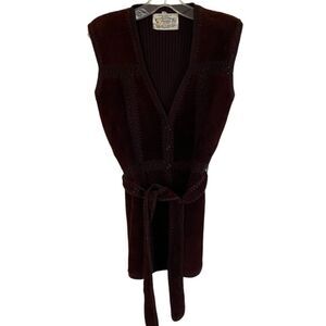 Vintage 70s LG Sweater Bee by Banff Chocolate Brown Split Leather Vest Cardigan